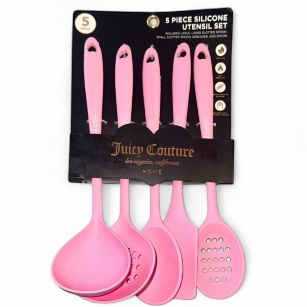 Juicy Couture Pink Silicone Utensil Cooking Set w/ Heart Hang Holes 5 Piece Set